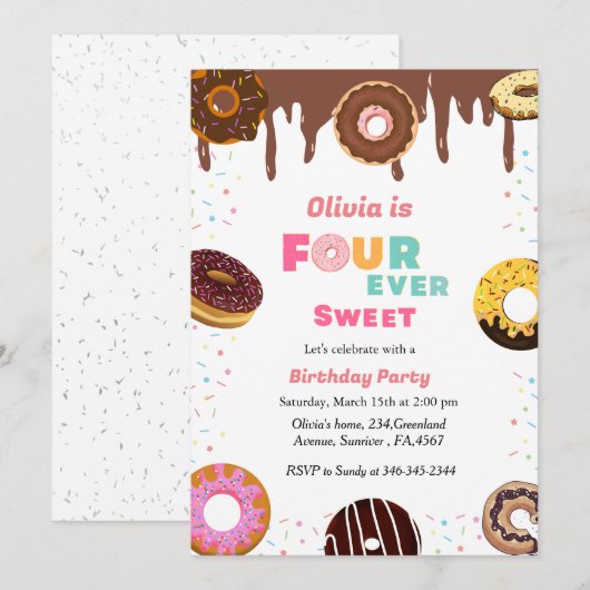 Vier keer zoete verjaardag, liefje 4e donut thema kaart (Voorkant / Achterkant)