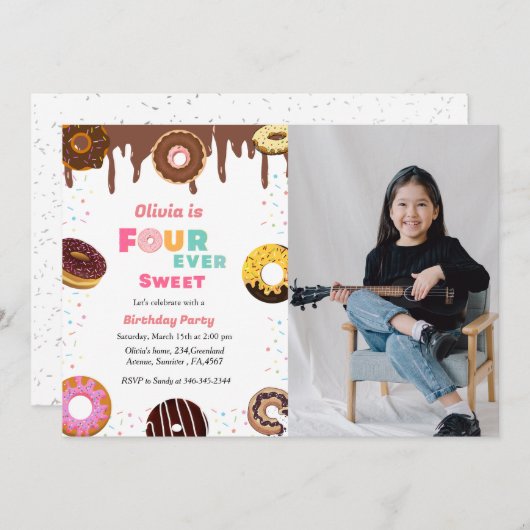 Vier keer zoete verjaardag, liefje 4e donut thema kaart (Voorkant / Achterkant)