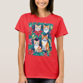 Vier Kerst Tabby Katten Met Poinsettia'S T-shirt (Voorkant)