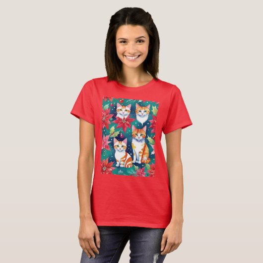 Vier Kerst Tabby Katten Met Poinsettia'S T-shirt (Voorkant volledig)
