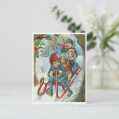 Vier kinderen op een slee, winter,  vakantie briefkaart (Staand voorkant)