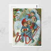 Vier kinderen op een slee, winter,  vakantie briefkaart (Voorkant / Achterkant)