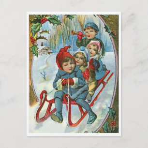 Vier kinderen op een slee, winter, vakantie briefkaart
