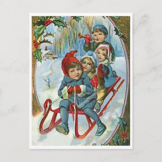 Vier kinderen op een slee, winter,  vakantie briefkaart (Voorkant)