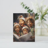 Vier kinderen zingen AI Assisted Art Christmas Feestdagenkaart (Staand voorkant)