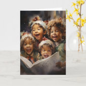 Vier kinderen zingen AI Assisted Art Christmas Kaart (Gele Bloem)