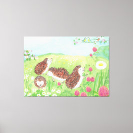 Vier kleine egel in de Meadow Canvas Afdruk