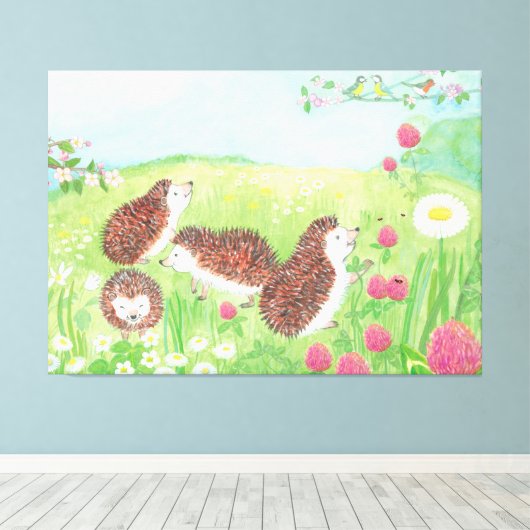 Vier kleine egel in de Meadow Canvas Afdruk (Insitu (Houten vloer))