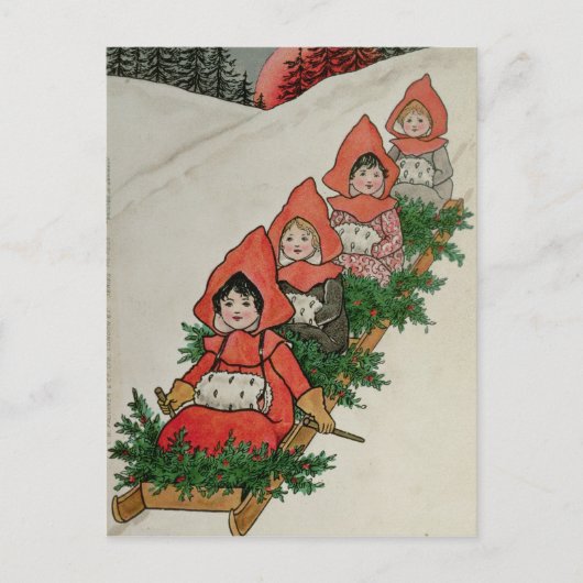 Vier kleine meisjes in een Sledge Briefkaart (Voorkant)