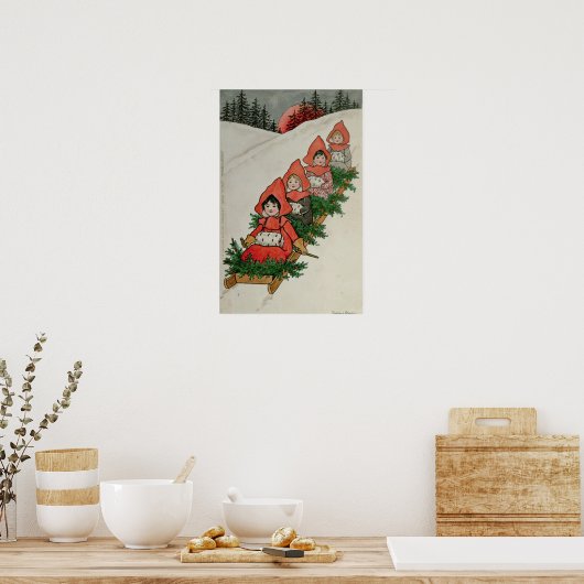 Vier kleine meisjes in een Sledge Poster (Keuken)