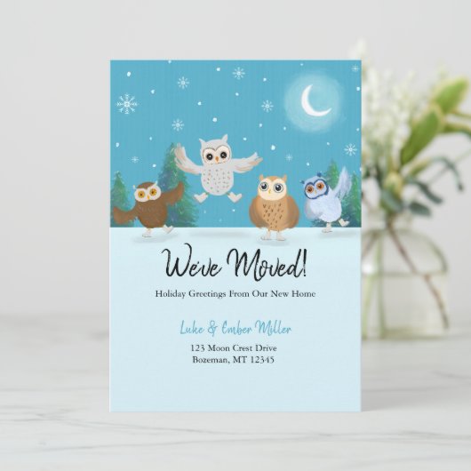 Vier kleine uilen gaan schaatsen bewegen aankondiging (Staand voorkant)