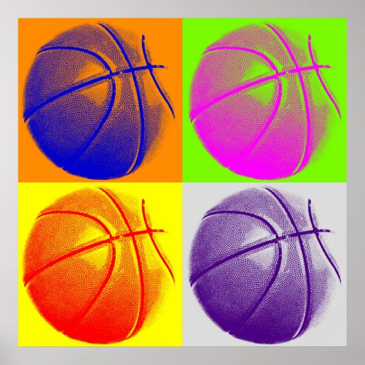 Vier kleuren Pop Art Basketball Retro Style Poster (Voorkant)
