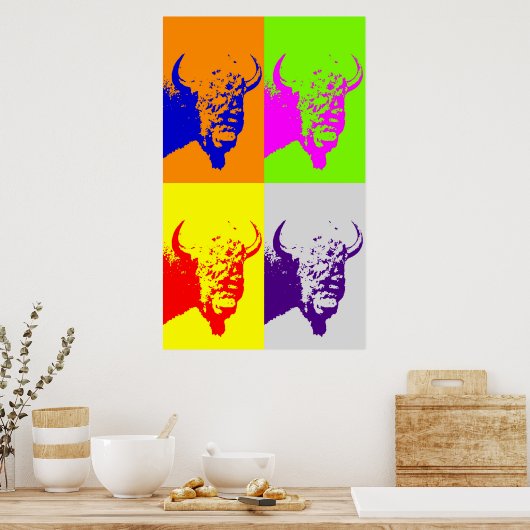 Vier kleuren Pop Art Bison Buffalo Art Poster (Keuken)