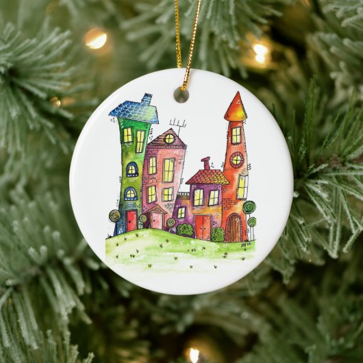 Vier kleurrijke Whimsical-huizen Keramisch Ornament (Boom)