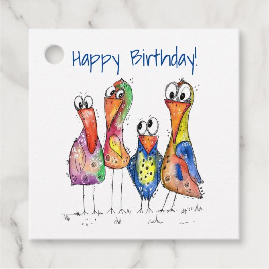 Vier kleurrijke whimsical-vogels bedankjes labels (Voorkant)