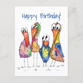 Vier kleurrijke whimsical-vogels briefkaart