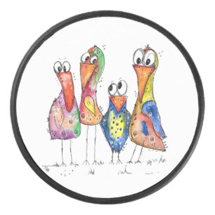 Vier kleurrijke whimsical-vogels hockey puck