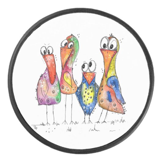 Vier kleurrijke whimsical-vogels hockey puck (Voorkant)
