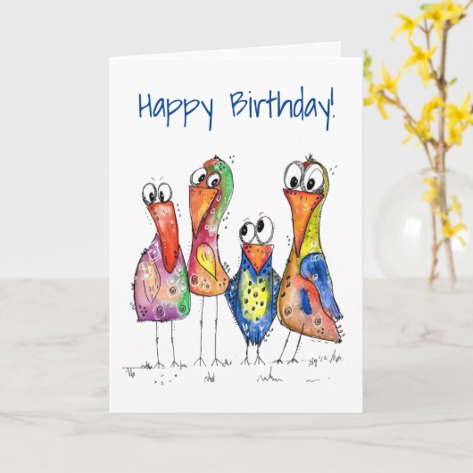 Vier kleurrijke whimsical-vogels kaart (Gele Bloem)