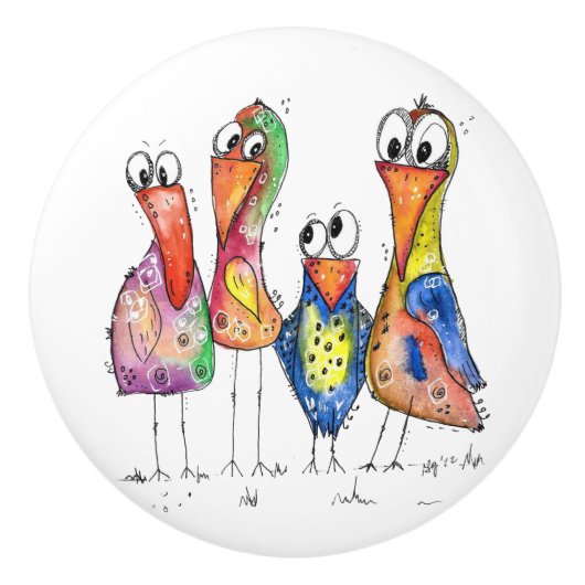 Vier kleurrijke Whimsical-vogels Keramische Knop (Voorkant)