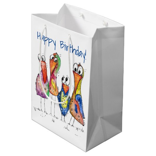 Vier kleurrijke whimsical-vogels medium cadeauzakje (Achterkant Gekanteld)