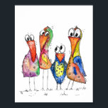 Vier kleurrijke whimsical-vogels poster<br><div class="desc">Dit is een origineel gemengd mediaschilderij van vier zweetvogels. Het schilderij is waterverf met inkt en waterverf potloden.</div>