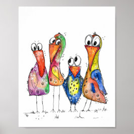 Vier kleurrijke whimsical-vogels poster
