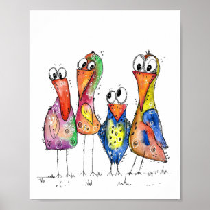 Vier kleurrijke whimsical-vogels poster