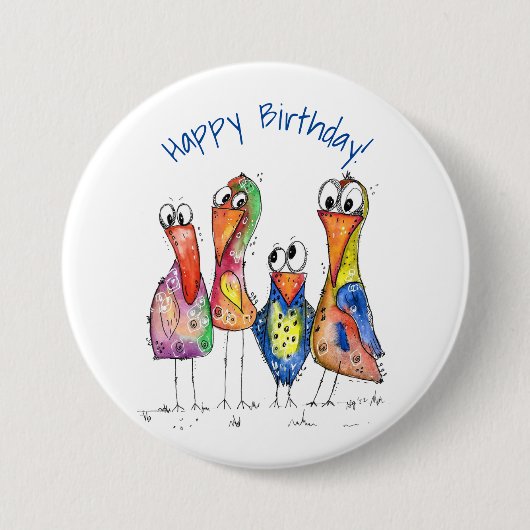 Vier kleurrijke whimsical-vogels ronde button 7,6 cm (Voorkant)