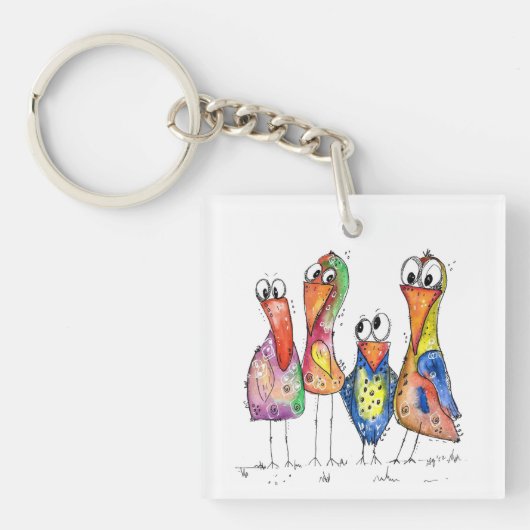Vier kleurrijke whimsical-vogels sleutelhanger (Voorkant)