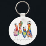 Vier kleurrijke whimsical-vogels sleutelhanger<br><div class="desc">Dit is een origineel gemengd mediaschilderij van vier zweetvogels. Het schilderij is waterverf met inkt en waterverf potloden.</div>