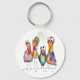Vier kleurrijke whimsical-vogels sleutelhanger