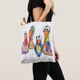 Vier kleurrijke whimsical-vogels tote bag