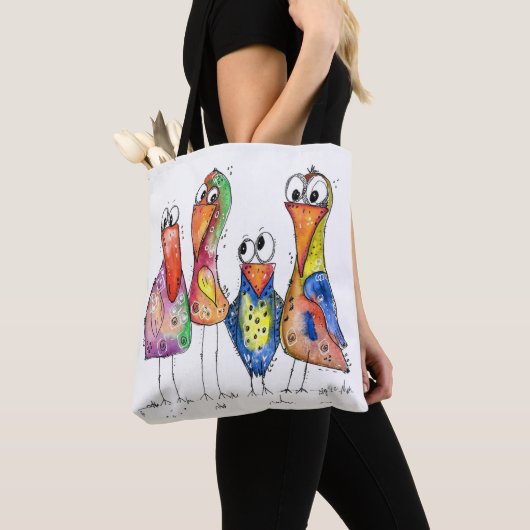 Vier kleurrijke whimsical-vogels tote bag (Dichtbij)