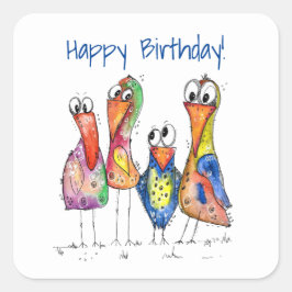 Vier kleurrijke whimsical-vogels vierkante sticker