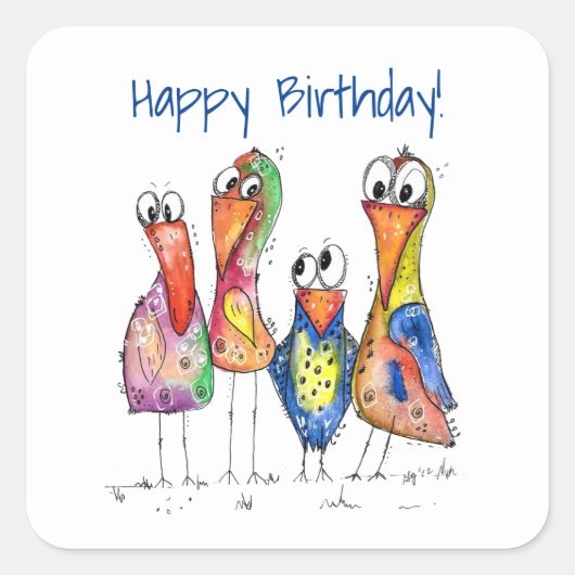 Vier kleurrijke whimsical-vogels vierkante sticker (Voorkant)