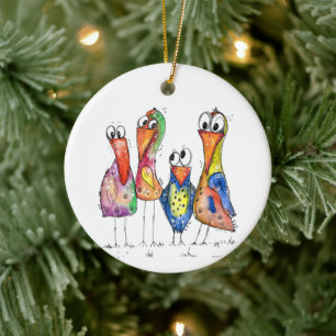 Vier kute Whimsical Colorful Birds Keramisch Ornament