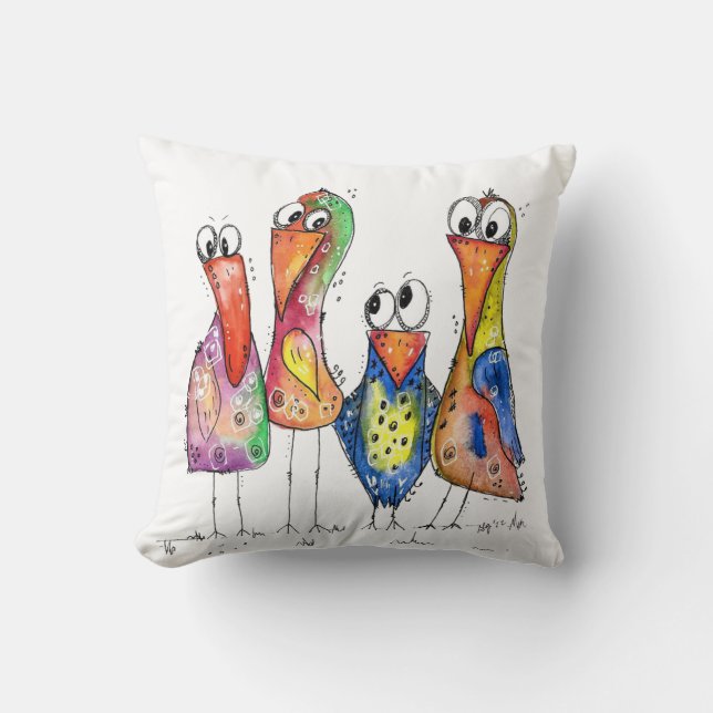 Vier kute Whimsical Colorful Birds Kussen (Voorkant)