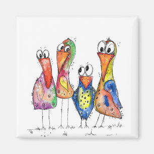 Vier kute Whimsical Colorful Birds Magneet