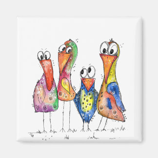 Vier kute Whimsical Colorful Birds Magneet