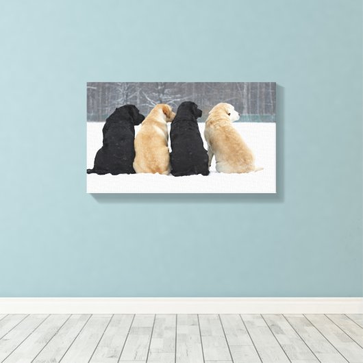 Vier labrador honden in sneeuw canvas afdruk (Insitu (Houten vloer))