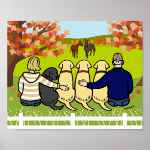 Vier Labradors en Ouders in de herfst Poster