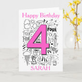 Vier leeftijd 4e Roze verjaardagskaart Kaart (Gele Bloem)
