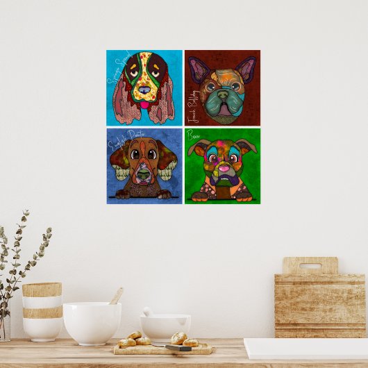 Vier lelijke honden hebben een uniek abstract post poster (Keuken)