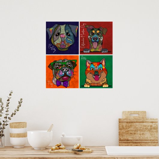 Vier lelijke honden hebben unieke abstracte kunst poster (Keuken)