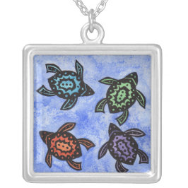 Vier Leuke Abstracte Zwarte Schildpadden Gekleurde Zilver Vergulden Ketting