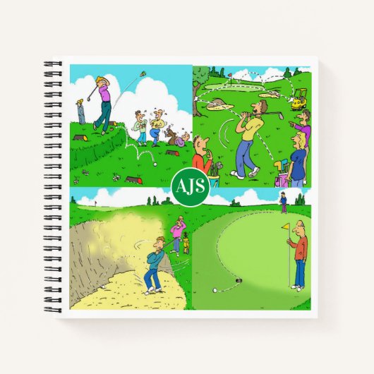 Vier leuke golfcartoons. notitieboek (Voorkant)