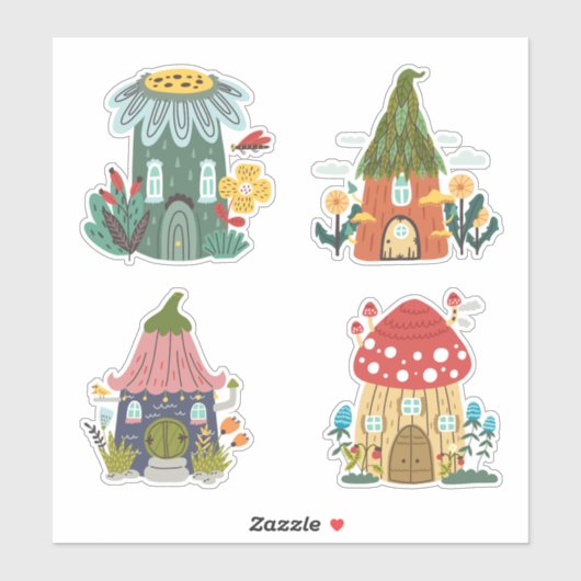 Vier leuke huisbloemen paddenstoelen sticker (Vel)