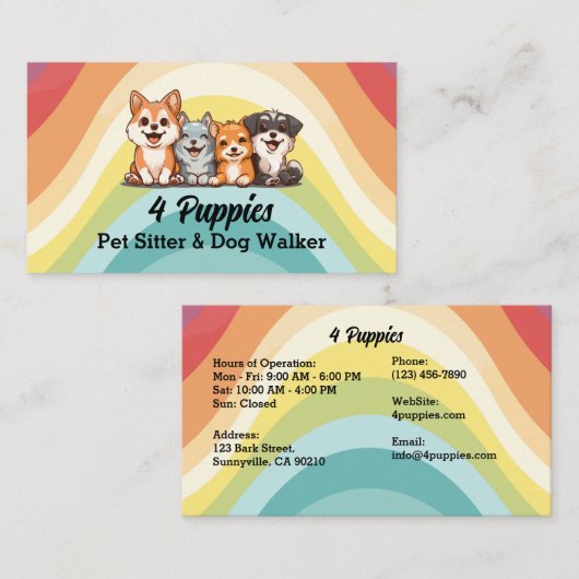 Vier leuke puppies Pet Sitter en Dog Walker Visitekaartje (Voorkant / Achterkant)