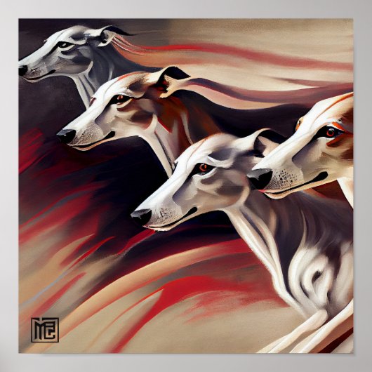 Vier lopende grijshonden poster (Voorkant)